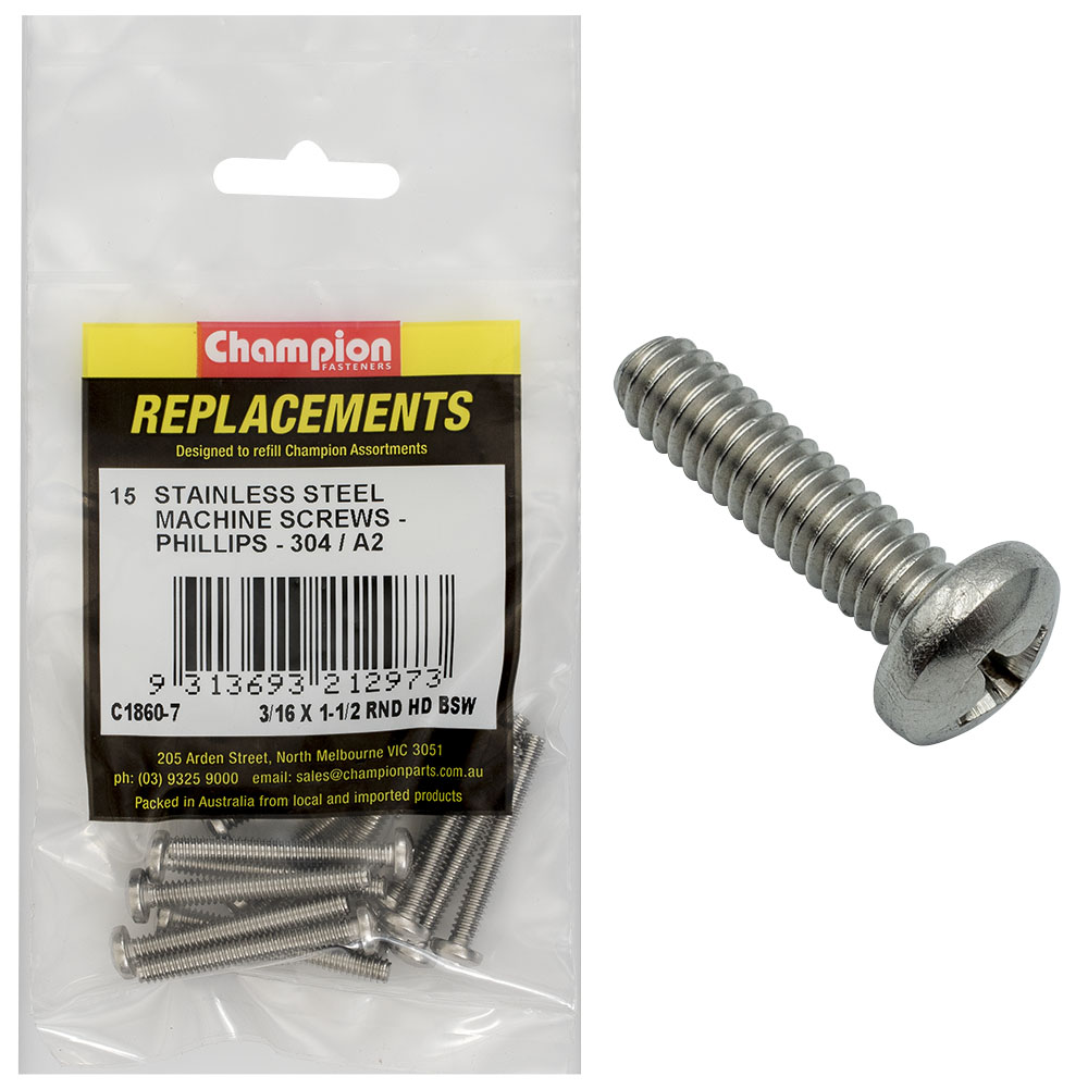 Champion 3/16 x 1-1/2in BSW Machine Screw Pan Ph 304/A2-15pk