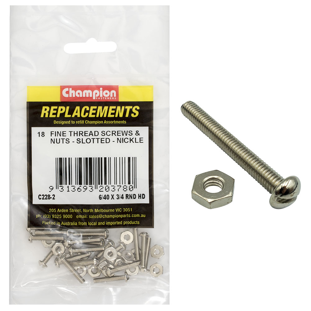 Champion 6/40in x 3/4in UNF Rnd Hd Machine Screw & Nut (Ni)