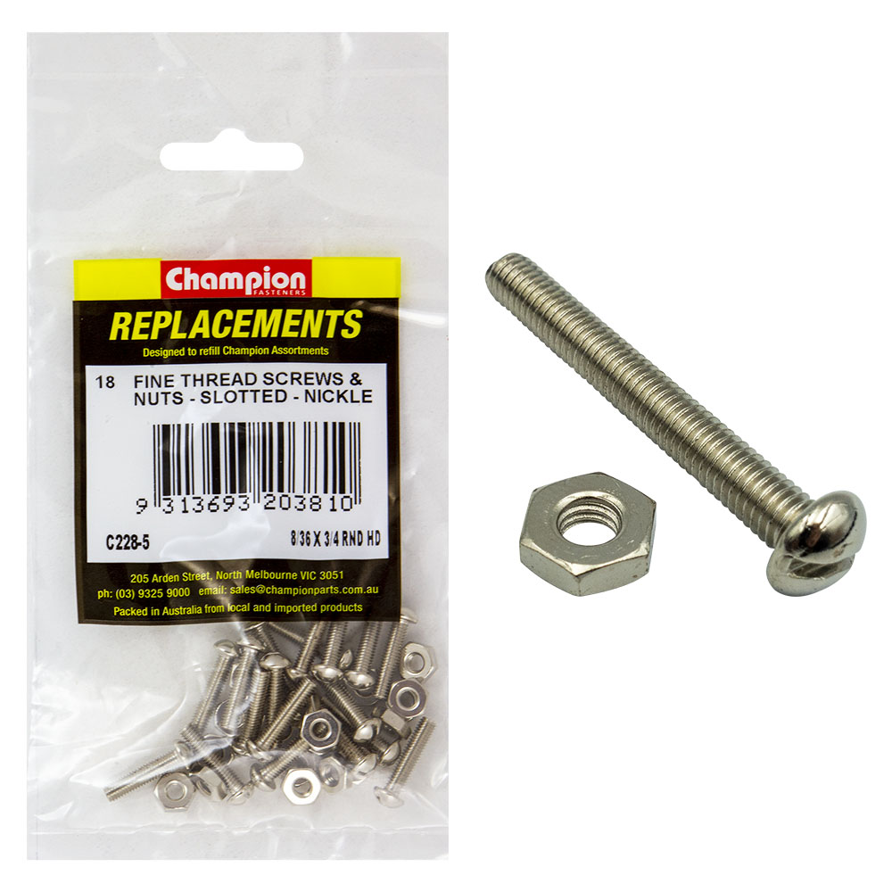 Champion 8/36in x 3/4in UNF Rnd Hd Machine Screw & Nut (Ni)