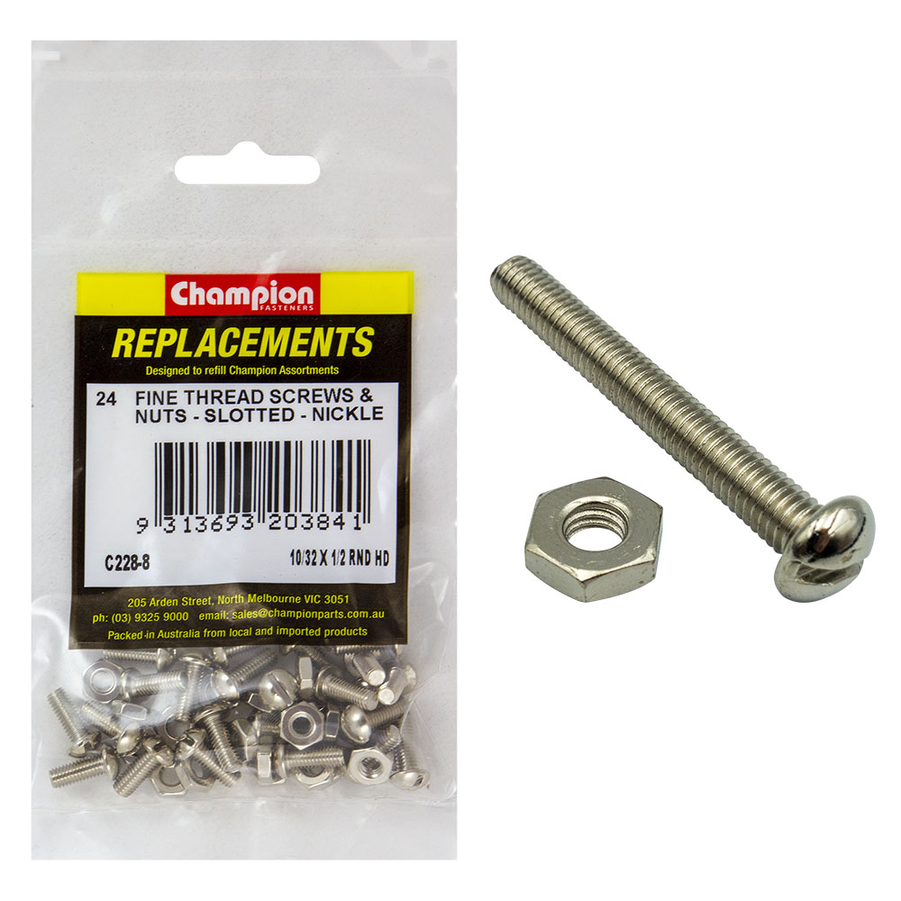 Champion 10/32 x 1/2in UNF Rnd Hd Machine Screw & Nut - 24pk