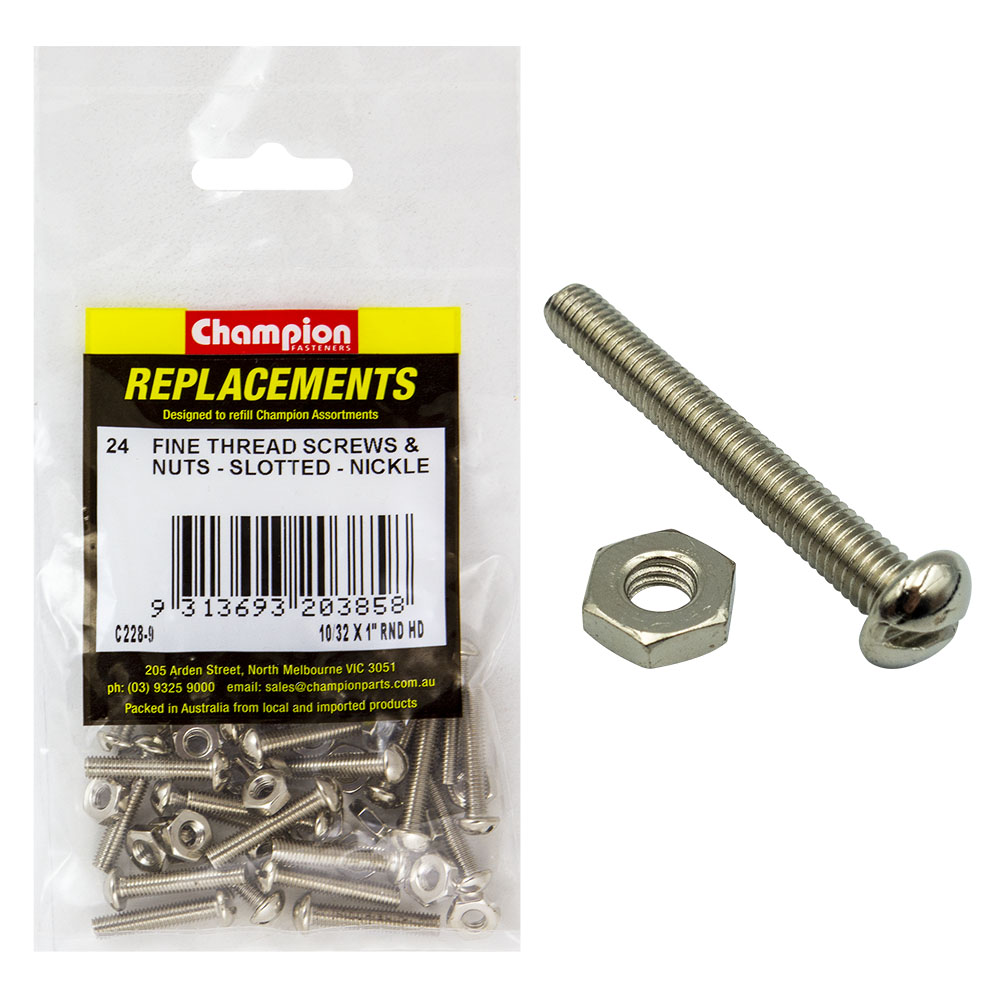 Champion 10/32 x 1in UNF Rnd Hd Machine Screw & Nut -24pk