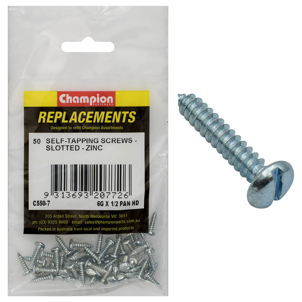 Champion 6G x 1/2in S/Tapping Pan Head Slotted -50pk