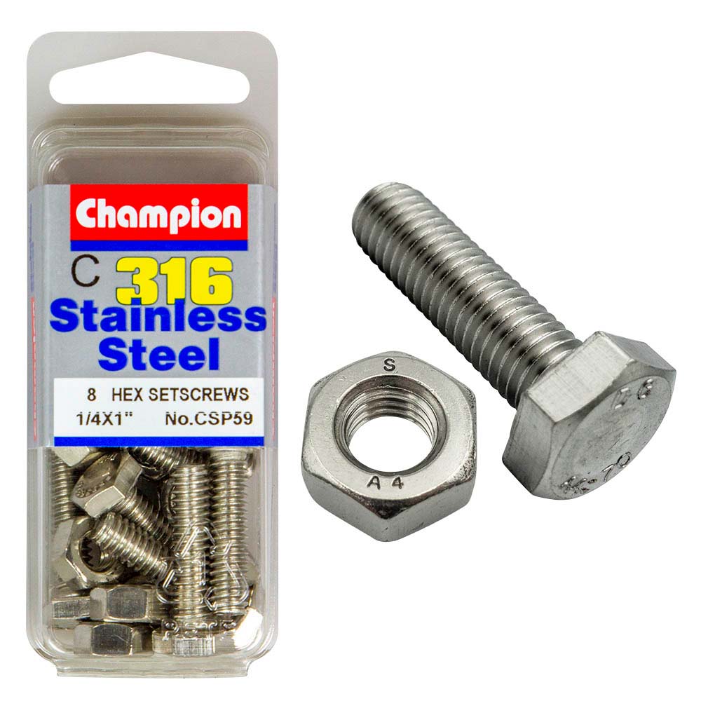 Champion 1/4in x 1in UNC Hex Set Screw 316/A4 (C)